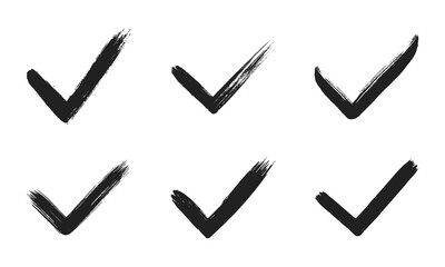 Dirty grunge hand drawn tick v with brush strokes vector illustration set isolated on white background mark graphic design. Check mark symbol YES button for vote in check box, web, etc. - obrazy, fototapety, plakaty