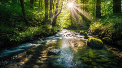 A crystal-clear stream meandering through a lush forest, with sunbeams filtering through the trees and casting dappled shadows on the sparkling water. Generative AI