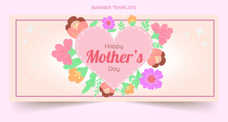 Mother's Day banner background with heart and flowers. Greetings for Mother's Day in flat styling. Vector illustration template.