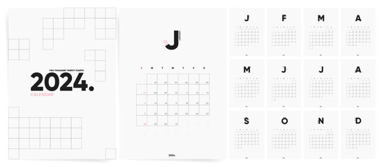 Calendar template for 2024 year. Week starts on Sunday. Modern minimal design. Work, Business Office, Corporate calendar. 2024 calendar in minimal business style for. English vector calendar.