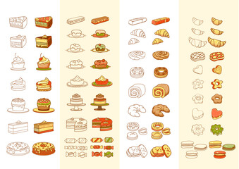 Sweets and bakery. Desserts, and confectionery. Hand-drawn vector illustrations.