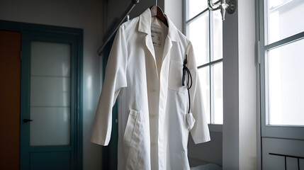 Fototapeta na wymiar A lab coat hanging on a hook in a science lab Generative AI