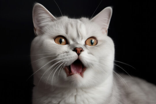 Image of a cartoonish white British shorthair tabby cat sticking out its tongue and blinking its eyes, generative AI