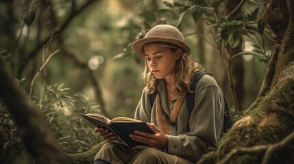 Girl is reading a book in the park under the tree