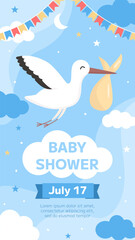Vector baby shower invitation template. Cartoon childish flying stork with baby on blue background. Vertical backdrop, flyer, brochure for event