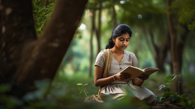 Indian girl is reading a book in the park under the tree