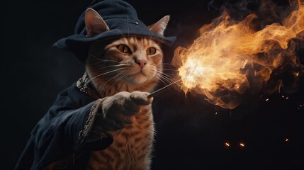 炎で攻撃する猫の魔法使い：AI作品
 - obrazy, fototapety, plakaty