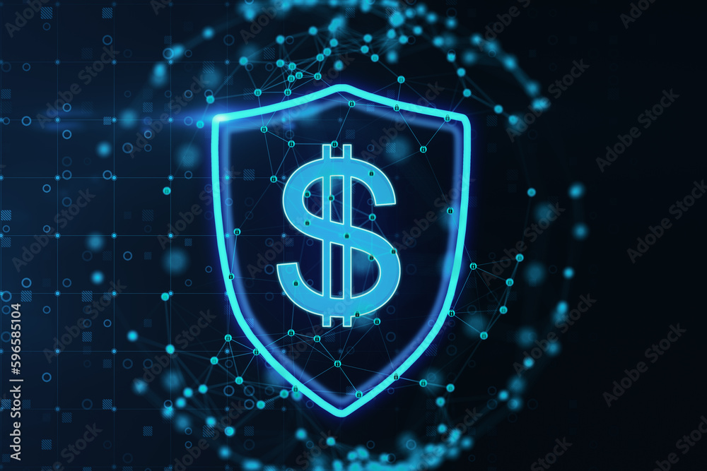 Poster glowing dollar sign inside polygonal sphere on blue background. world currency and technology concep