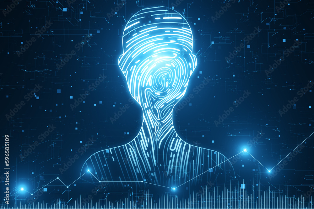 Poster abstract digital fingerprint man or person silhouette on blurry blue background. identity, technolog