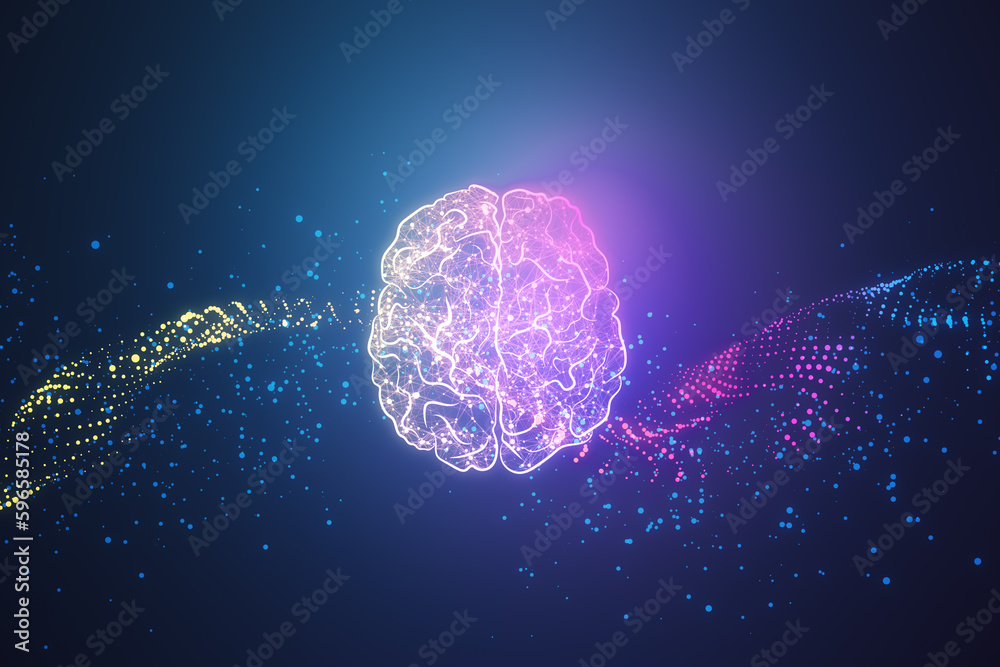 Poster creative glowing polygonal brain hologram on blurry blue backdrop. neurology research, artificial in