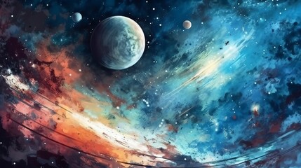 水彩風の太陽系の宇宙：AI作品
