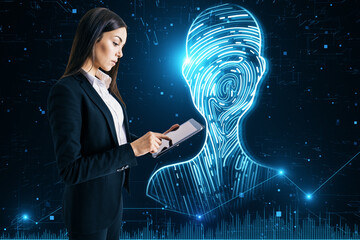 Side view of young european businesswoman using tablet with abstract digital fingerprint man or...