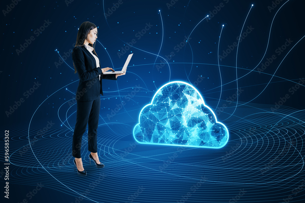 Poster side view of attractive young businesswoman using laptop with digital polygonal cloud with lines on 