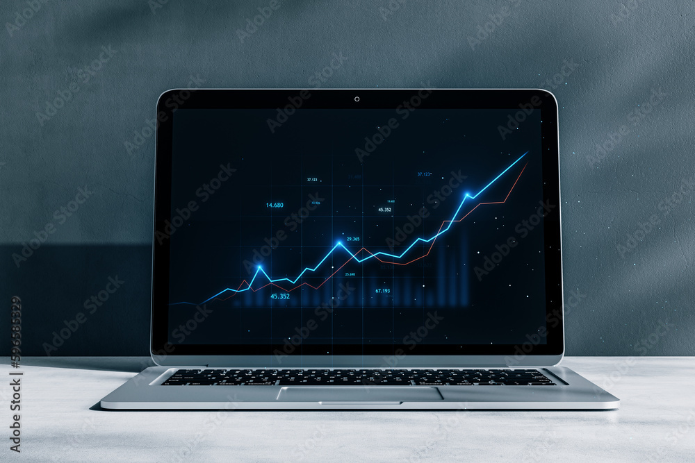 Poster close up of laptop on desk with growing business chart on blurry background. business strategy devel