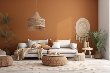 Wicker chandelier over wooden Scandinavian sofa with futon in bright living room interior. boho style. Generative AI