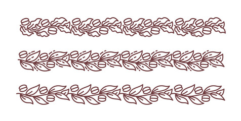 Coffee plant pattern set. Floral ornament. Coffea horizontal design elements. Editable outline stroke. Vector line.