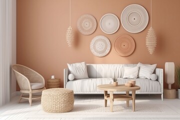 Wicker chandelier over wooden Scandinavian sofa with futon in bright living room interior. wicker macrame on the wall Generative AI