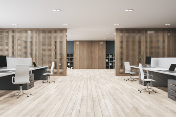 New office interior with furniture, equipment and wooden partitions. 3D Rendering. - obrazy, fototapety, plakaty