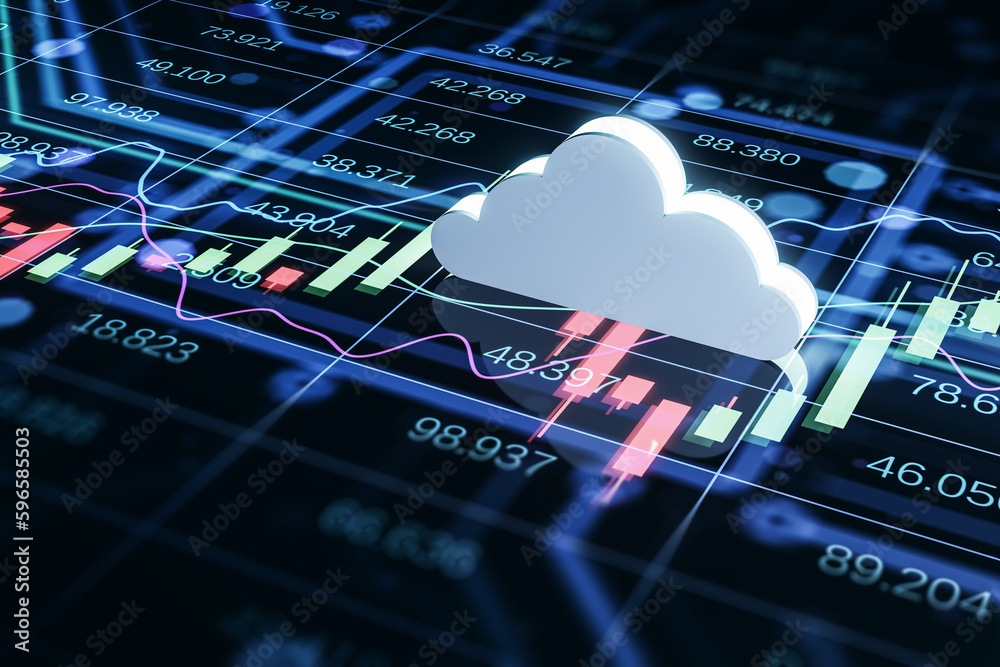Poster Abstract cloud on blue forex chart wallpaper. Market growth and data server concept. 3D Rendering.