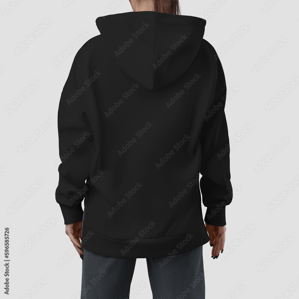Wall mural Mockup of a quality long black hoodie on a girl, back view, fashionable apparel for design, brand, product photography for commerce. - Wall murals