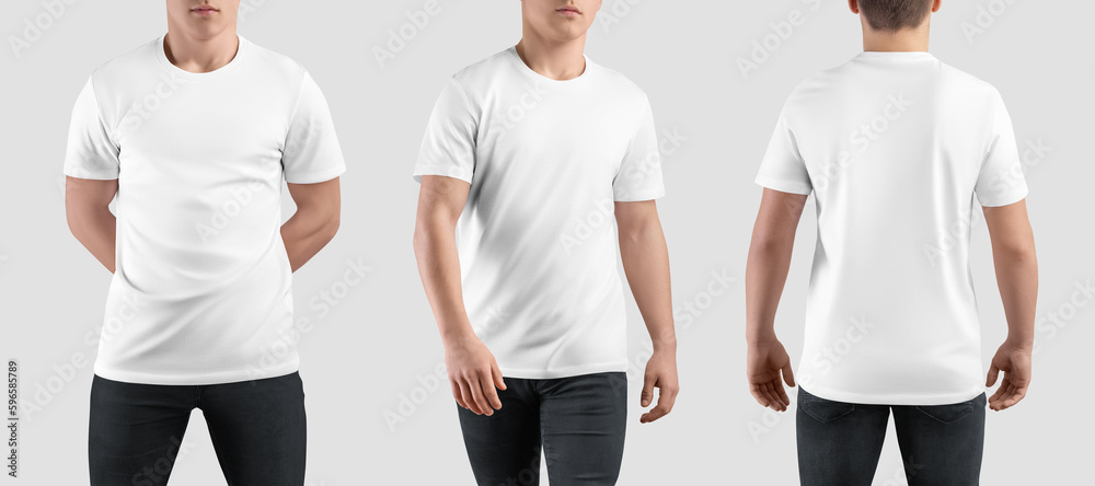 Wall mural White t-shirt mockup on guy, front, back view, stylish shirt isolated on background. Set - Wall murals