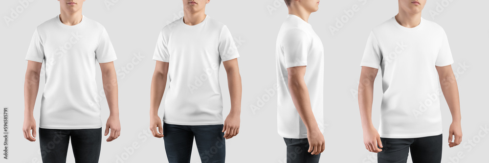 Wall mural White t-shirt mockup on guy, front, side, back view, product photography for commerce, promotion. Set - Wall murals