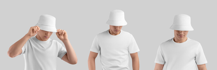 White hat mockup on a posing guy in a t-shirt, trendy hat, summer accessory for design, brand. Headwear set.