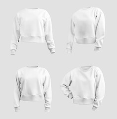 Mockup of women's white crop top sweatshirt, canvas bella 3D rendering, front view, for design, brand. Set.