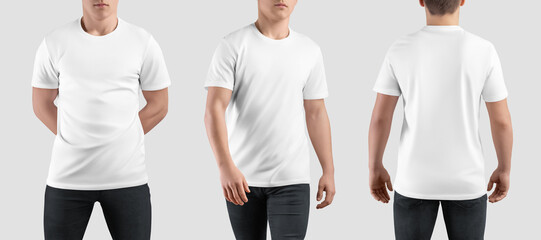 White t-shirt mockup on guy, front, back view, stylish shirt isolated on background. Set