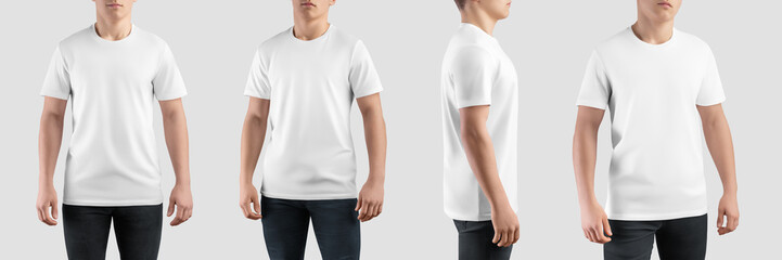 White t-shirt mockup on guy, front, side, back view, product photography for commerce, promotion. Set