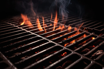 Gros plan d'une grille de barbecue avec des flammes » IA générative - obrazy, fototapety, plakaty