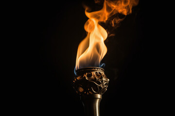 Une torche en or avec une flamme sur fond noir » IA générative - obrazy, fototapety, plakaty