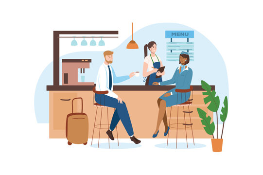 Airport blue concept with people scene in the flat cartoon style. Man is waiting for his flight in an airport cafe. Vector illustration.