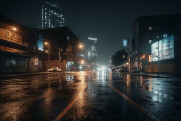 Nighttime urban road amid advanced cityscape. Generative AI