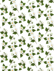 白い小花と緑の葉のシームレスパターン
