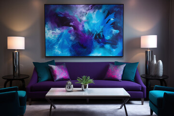 Salon de séjour design et contemporain avec des teintes bleues et violettes » IA générative