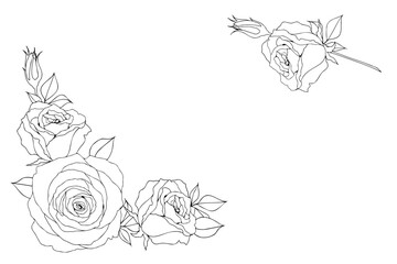 薔薇のブーケのフレーム　線画イラスト