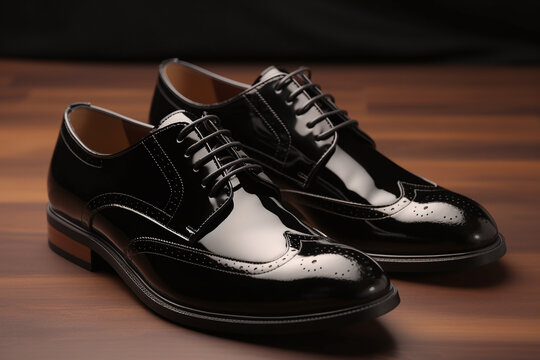 Gros plan sur des chaussures de ville d'homme noires brillantes &raquo; IA g&eacute;n&eacute;rative