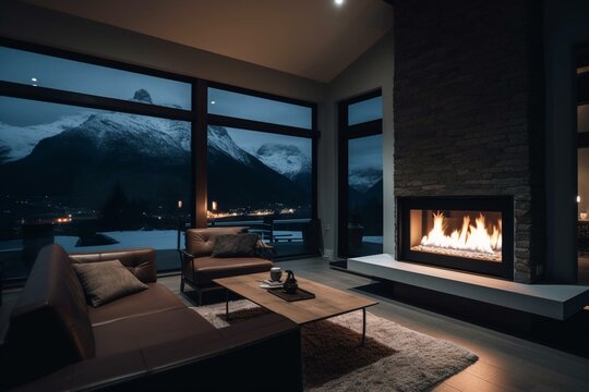 Night time living room with fire place, couch, table, and mountain view through window with wall lit up. Generative AI