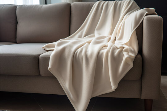 Couverture blanche sur un canapé gris dans un salon » IA générative