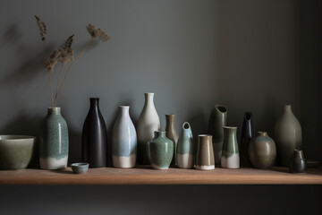 De nombreux vases design en céramique aux couleurs bleues et turquoises » IA générative