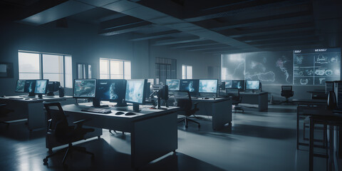 A spacious and well-lit computer lab with large monitors  one Generative AI