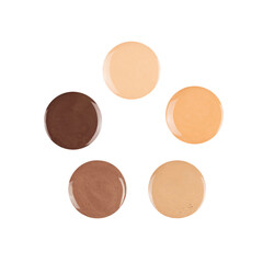 Diverse skin tone makeup foundation round drops. Isolated, cut out.