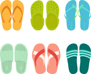 A set of summer flip-flops of different models. Vector illustration isolated on white background. Beach theme.