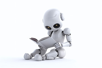 Robot  intelligence artificielle lisant un livre sur fond blanc » IA générative