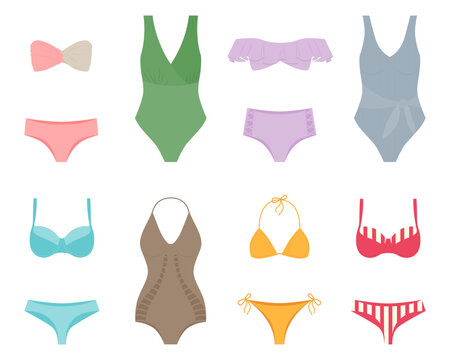 Women's swimsuits. Vector illustration of a set of beach, colorful swimwear on a white background.