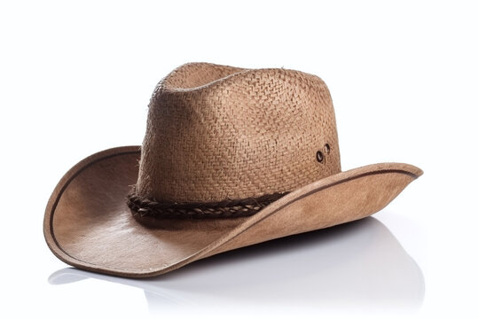 Gros plan d'un chapeau de cowboy marron en paille sur fond blanc » IA générative
