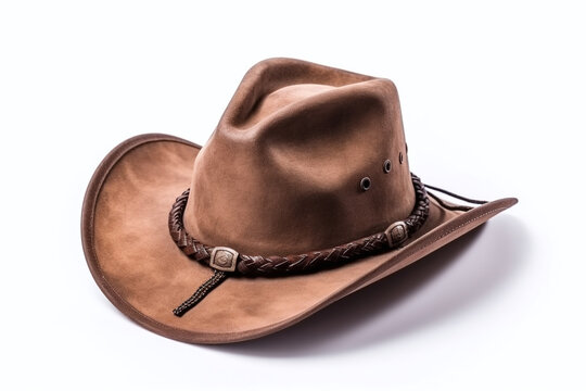 Gros plan d'un chapeau de cowboy marron en cuir sur fond blanc » IA générative