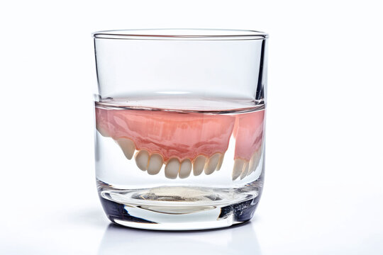 Gros plan d'un dentier dans un verre sur fond blanc &raquo; IA g&eacute;n&eacute;rative