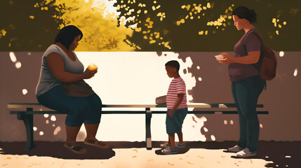 a pregnant woman standing outside in the sun while a young boy eats junk food. Generative AI